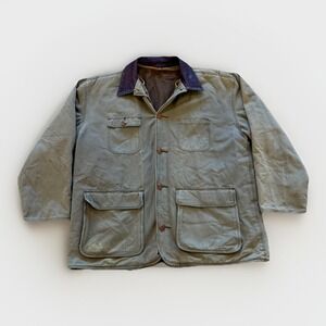 Vintage J Crew Chore Coat Mens L Oarsman Canvas Barn Jacket Leather Collar Field